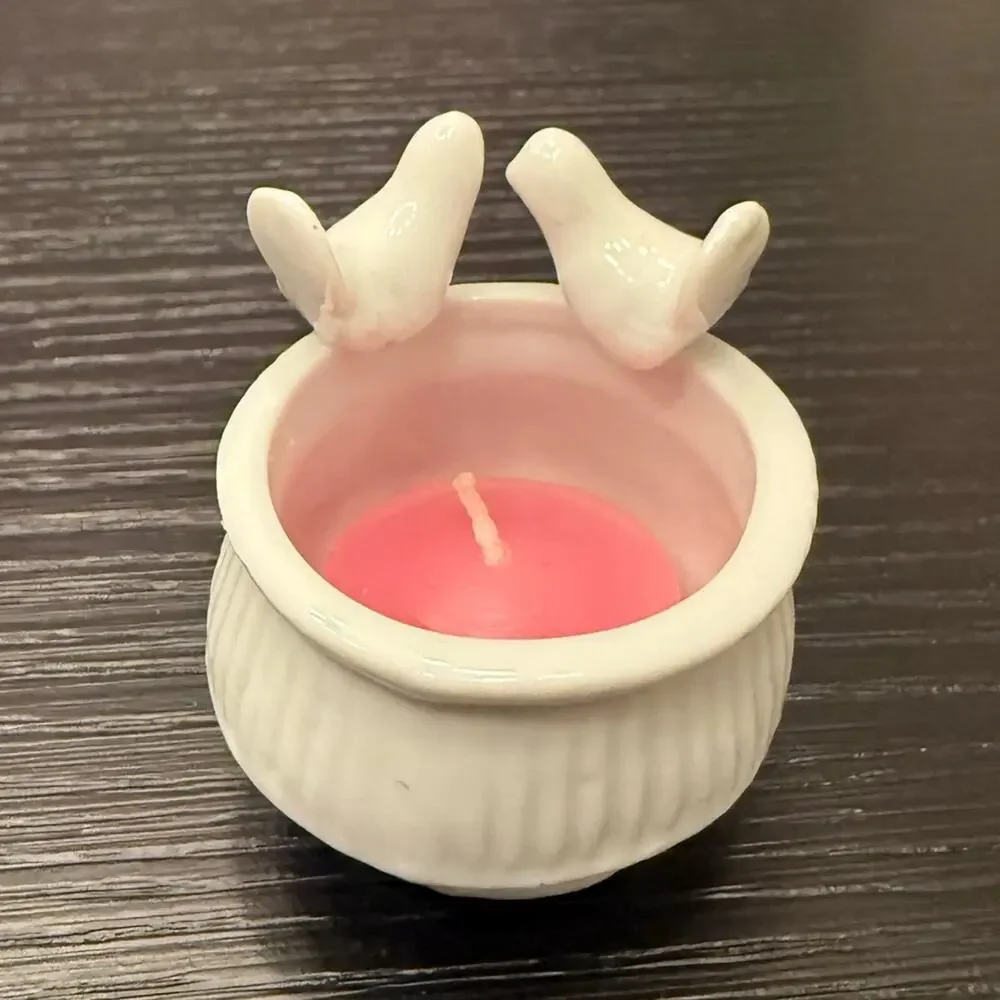 Vintage Porcelain Dove Candle Holder Votive Holder Doves Bows Blue Pink